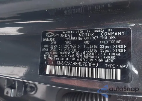 2022 Hyundai Kona Se from USA, damaged, VIN KM8K22AB8NU768089